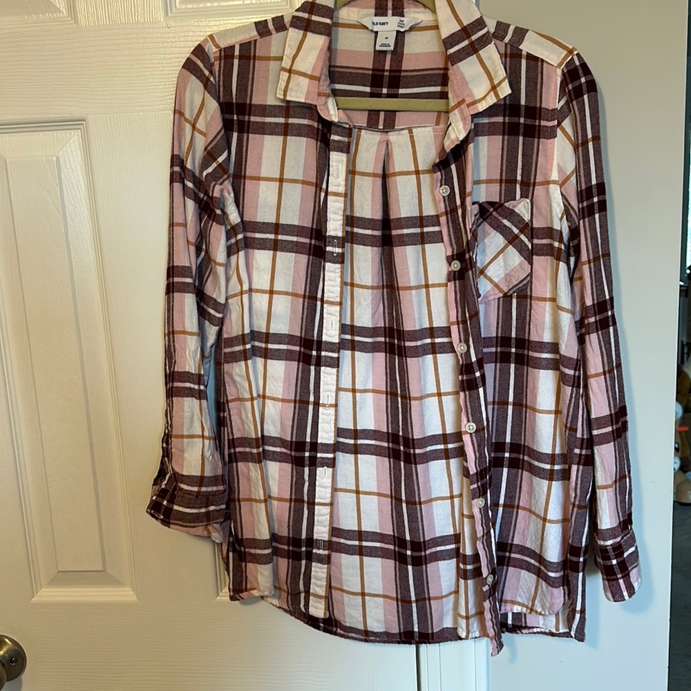 Old Navy Pink Burgundy Plaid Button Down Shirt Lightweight Flannel